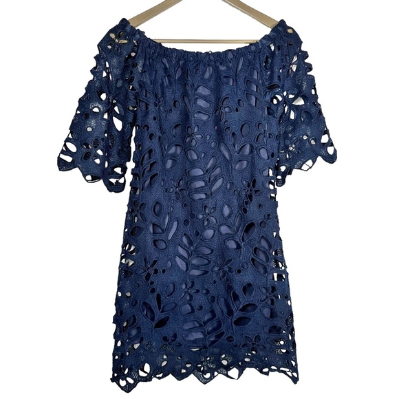 Pretty Garden Navy Blue Lace Off-Shoulder Floral Mini Dress - Small - Picture 3 of 7